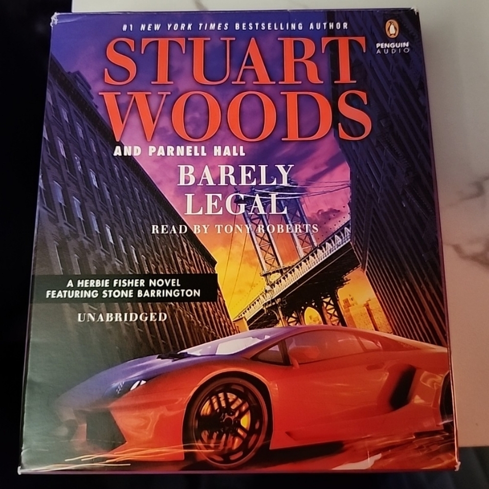 Stuart Woods "Barely Legal" Audiobook - Bold Purple & Orange Cover